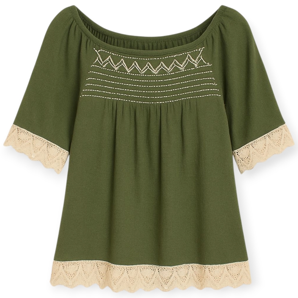 TEMPTED HEARTS Green Boho Peasant Tunic Top Women's Sz M‎ Lace Trim Cottagecore